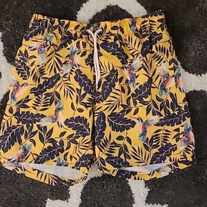 Charleston Threads sz medium yellow blue swim trunks with hummingbirds SW57